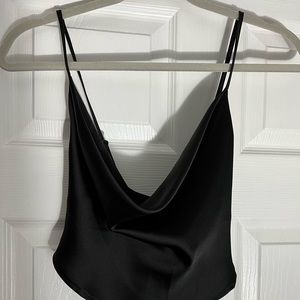 Garage cowl neck satin tank top with strappy back in black